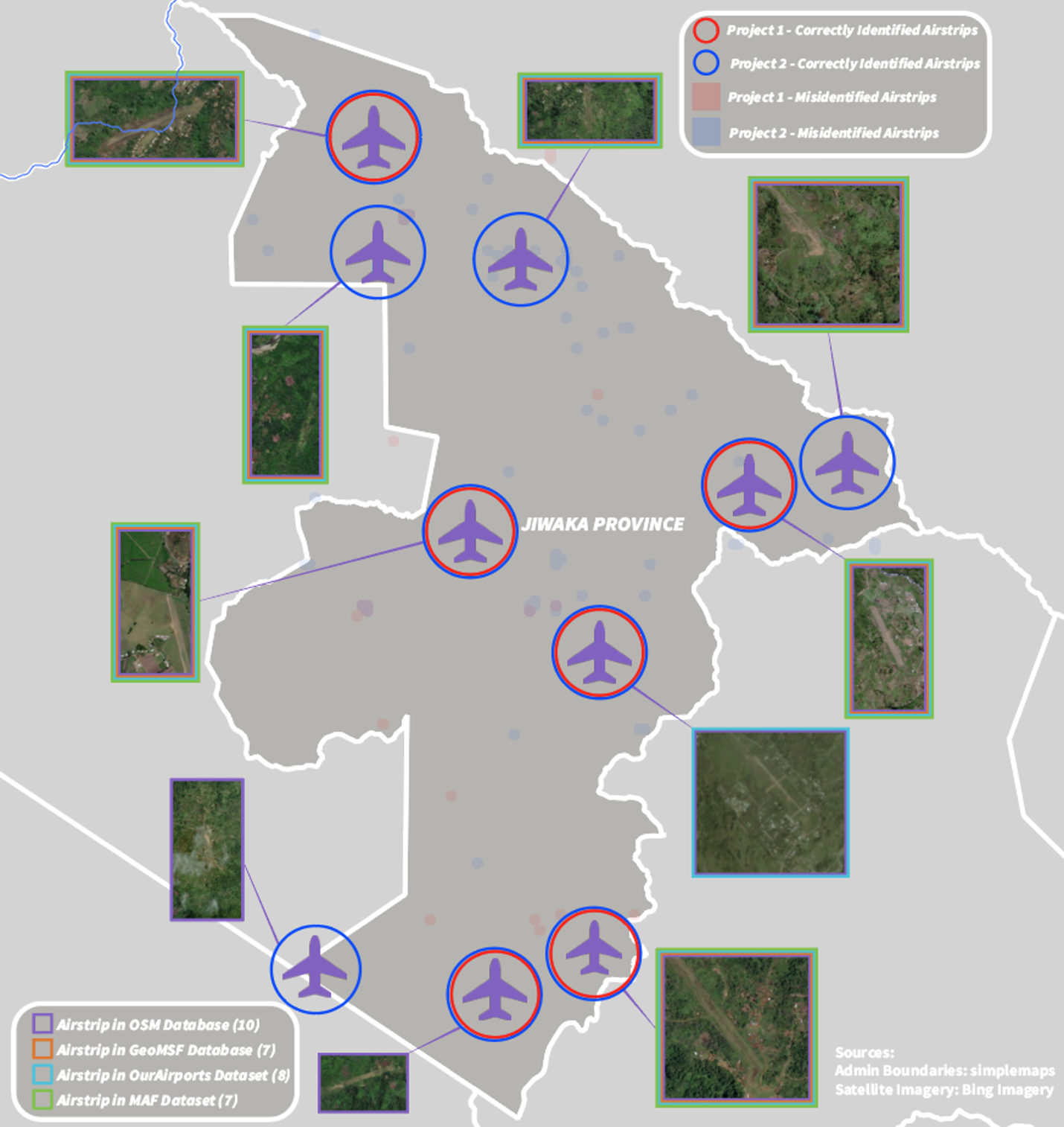 A map showing the locations of airstrips from different databases.