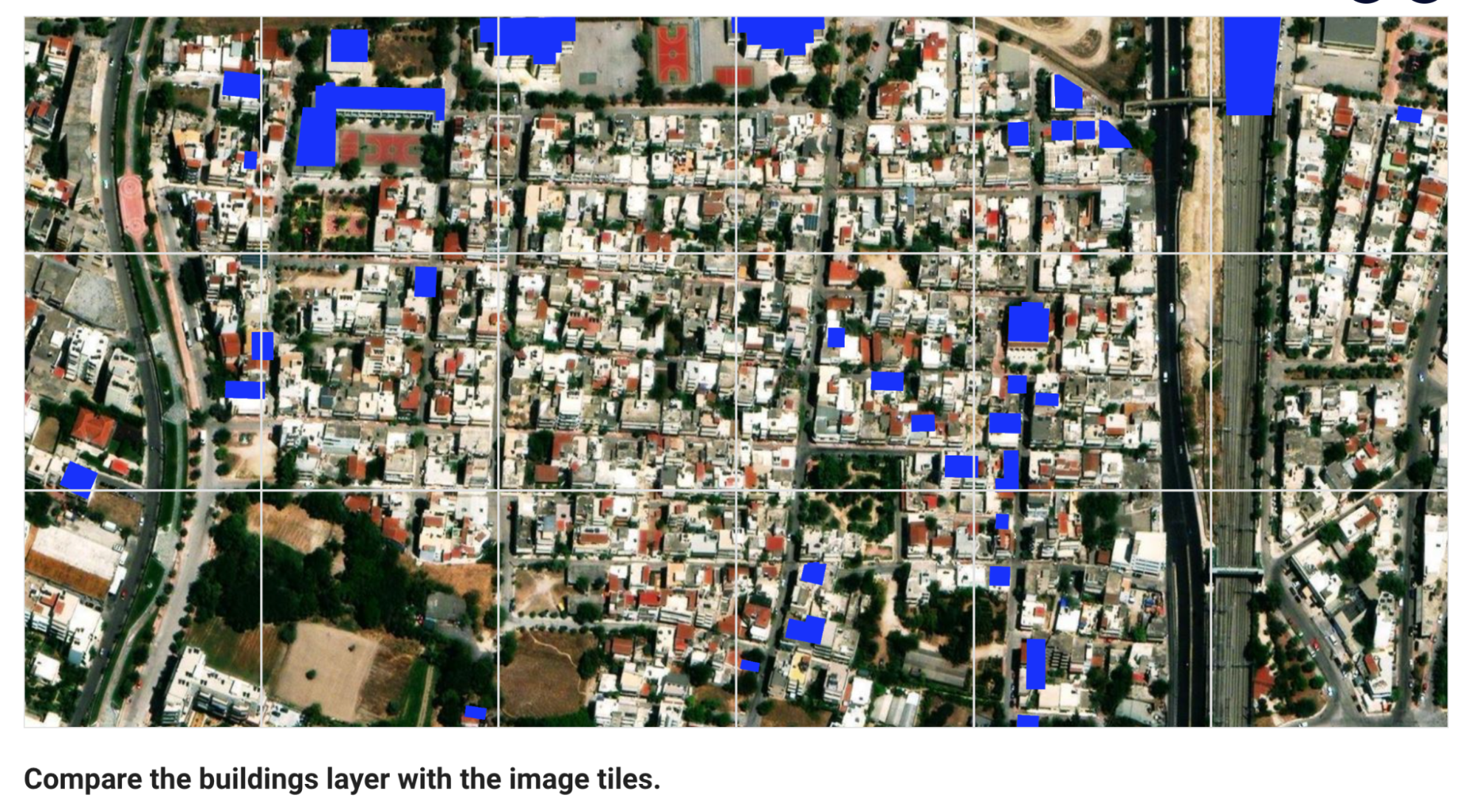 An image of the Completeness MapSwipe project type, showing a blue overlay to indicate where OpenStreetMap data currently exists on top of aerial imagery.